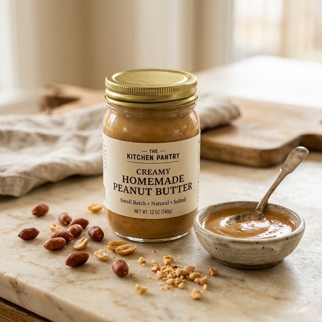 Artisanal homemade creamy peanut butter with roasted peanuts