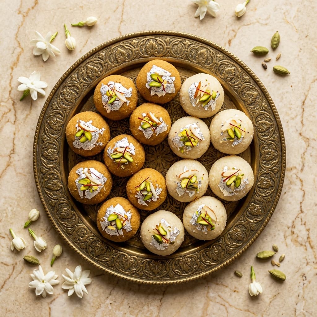 Royal Rajasthani Besan and Chawal Sattu Pinda sweets with silver leaf
