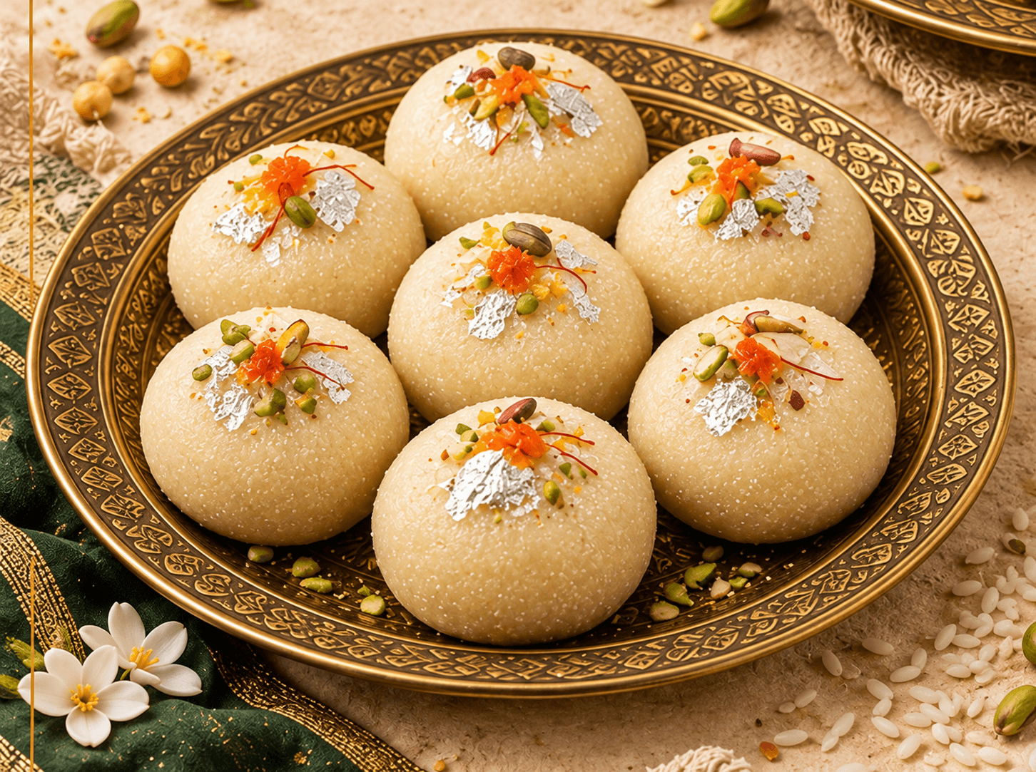 Posham Rajasthani Chawal Sattu Pinda in traditional brass thali