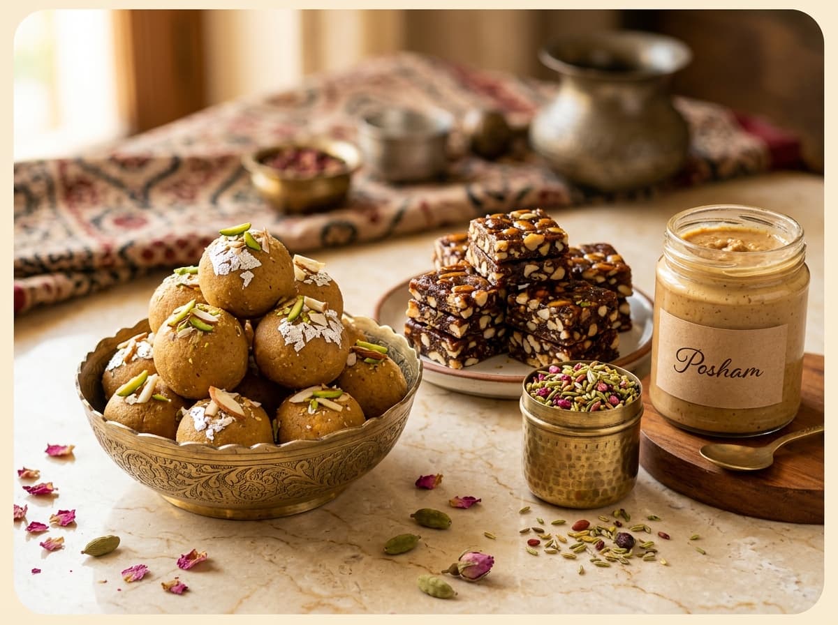 Authentic Posham Marwari artisanal sweets, laddoos, dry fruit bites, mukhwas, and homemade peanut butter